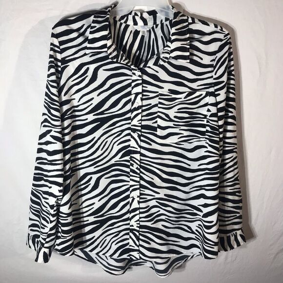Time And Tru Womens Blouse Black White Zebra Print Long Sleeve Pocket Plus 20 - Picture 1 of 7